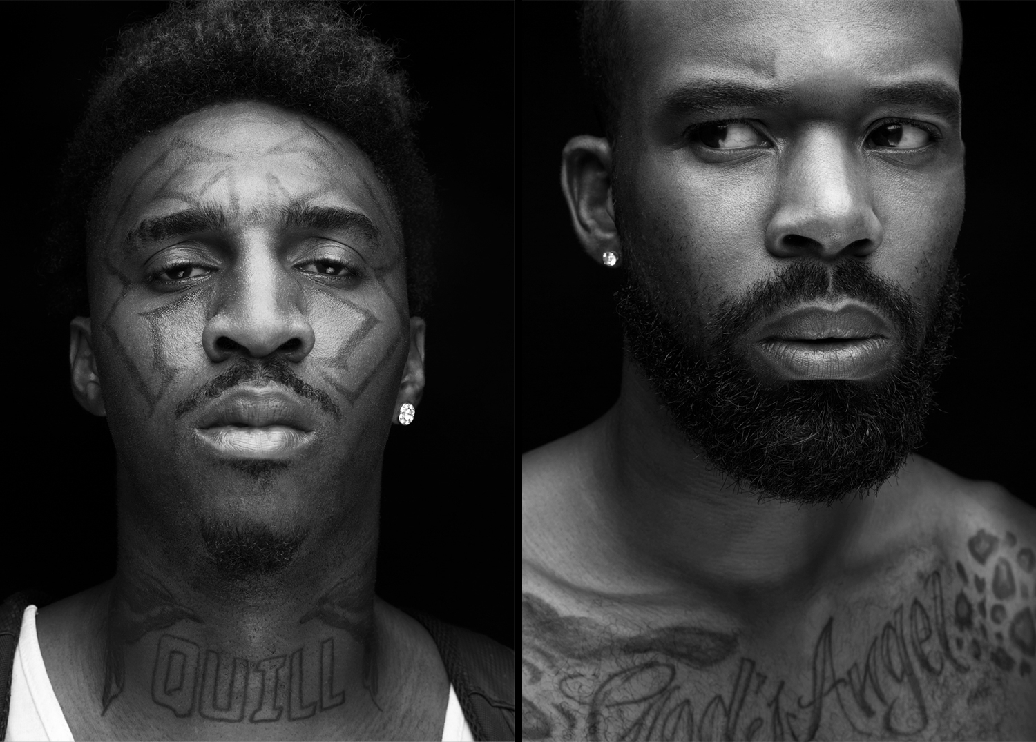 Portraits of young, tattooed, black guys in front of a black backdrop