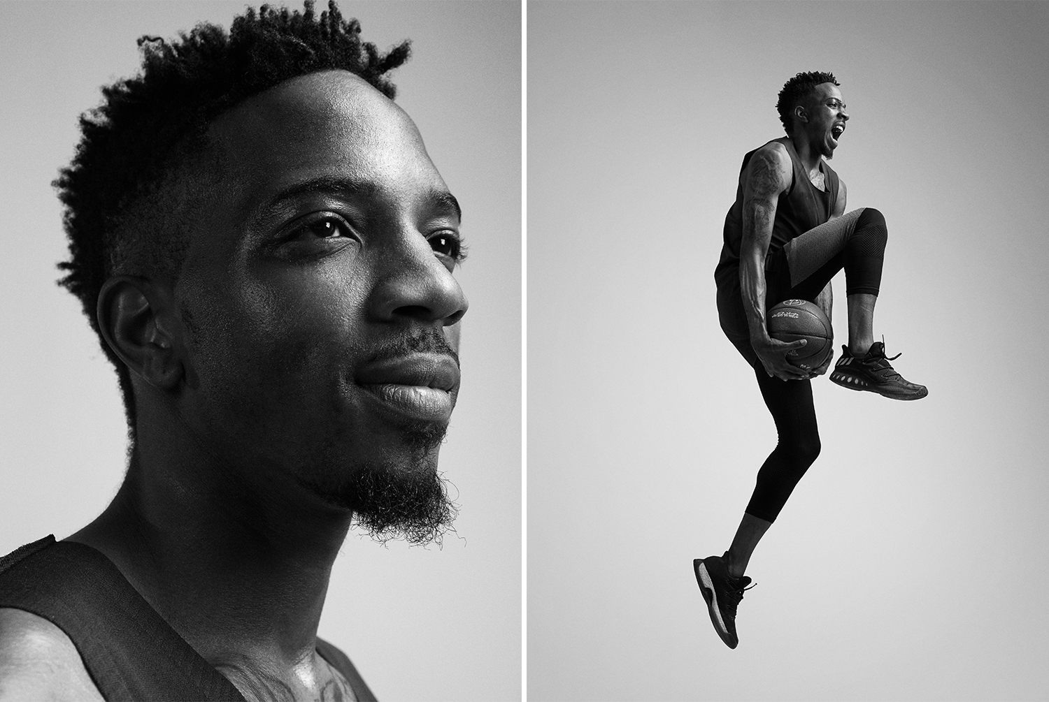 A portrait and an action shot of a Veniceball League player with in an Adidas outfit photographed by Maximilian Baier