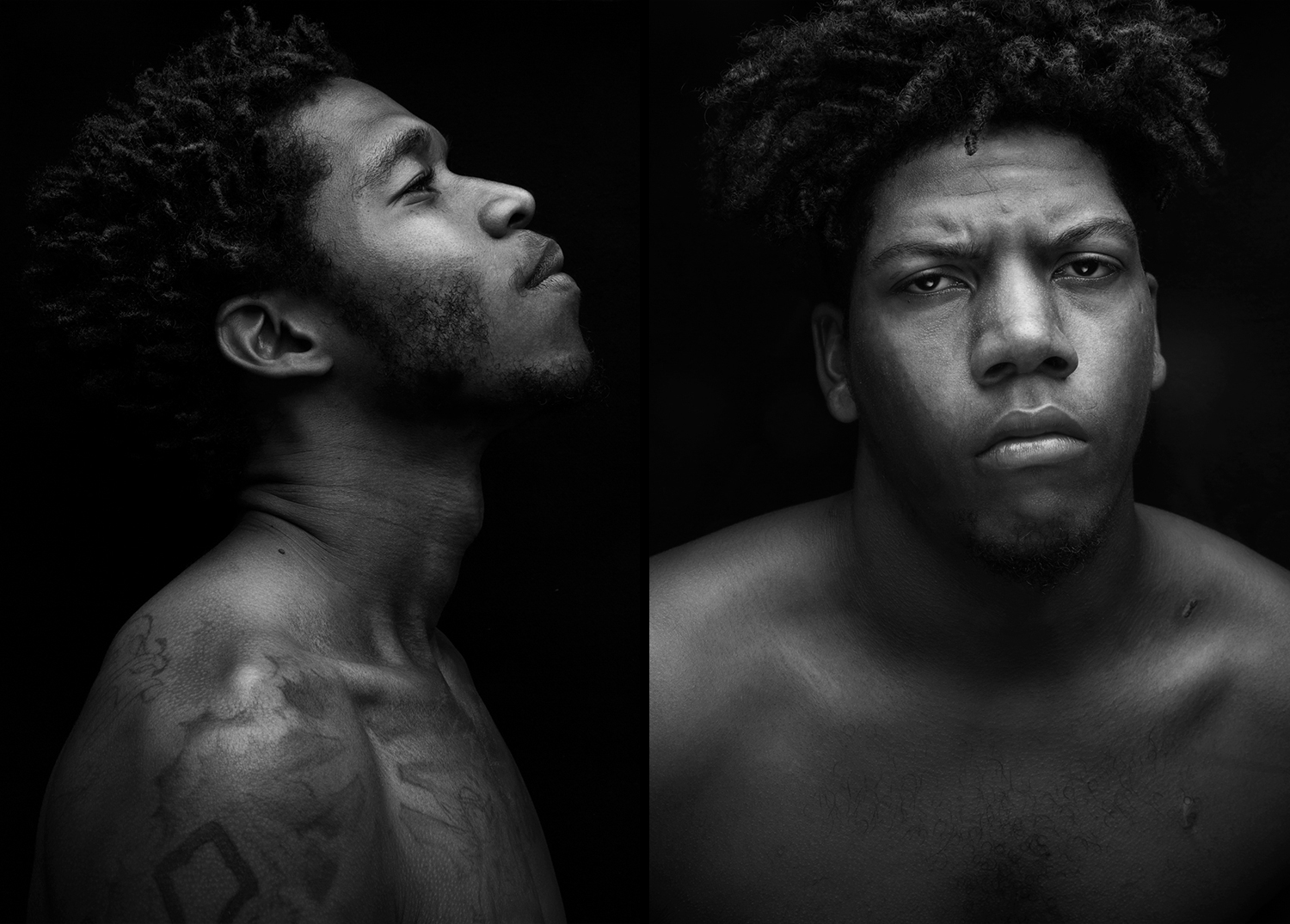 Portraits of young, tattooed, black guys in front of a black backdrop